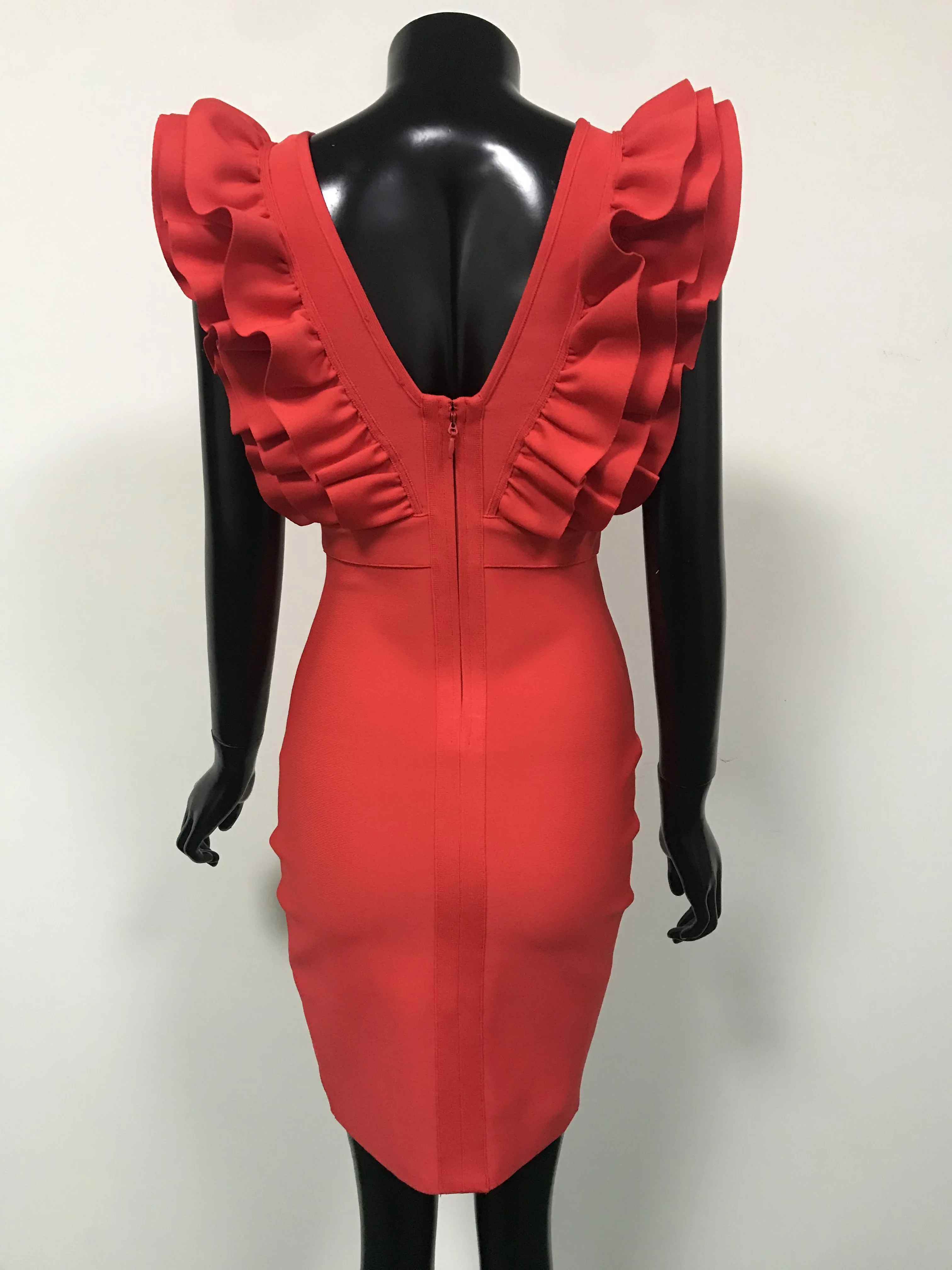 

2020 Luxury Women V Neck Sleeveless Cascading Ruffle Red Bodycon Bandage Dress Vestidos Female Fashion Mini Party Summer Dress