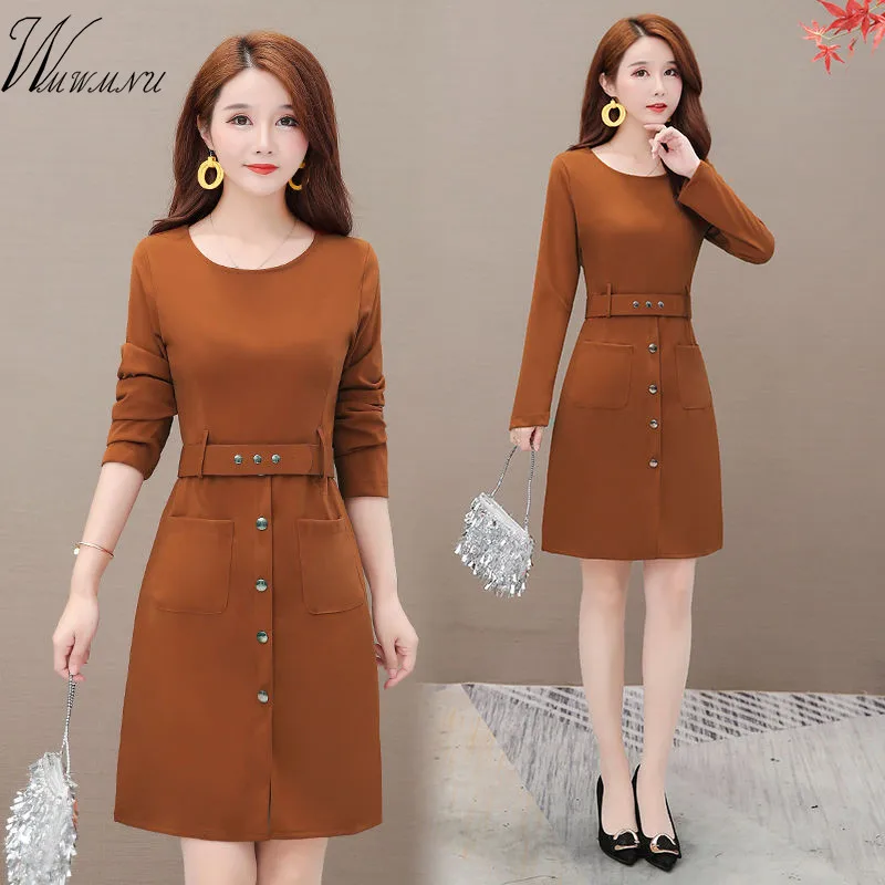 Однотонное Повседневное платье для женщин зимнее женское с длинным рукавом