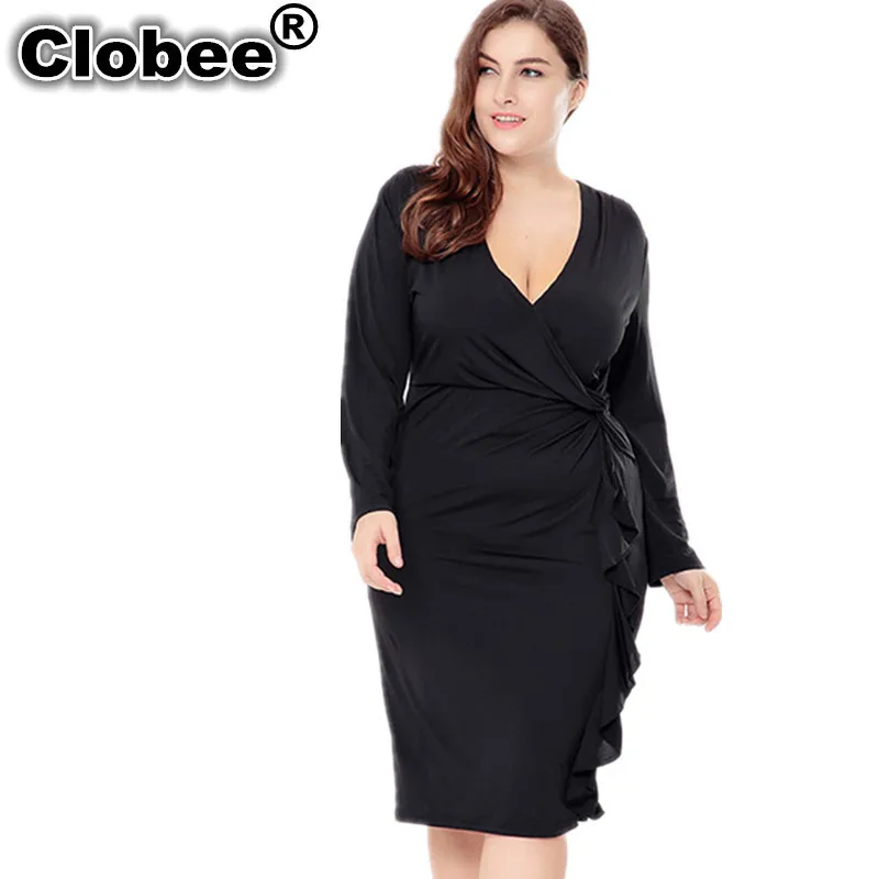 Платье женское средней длины с V-образным вырезом длинным рукавом и оборками