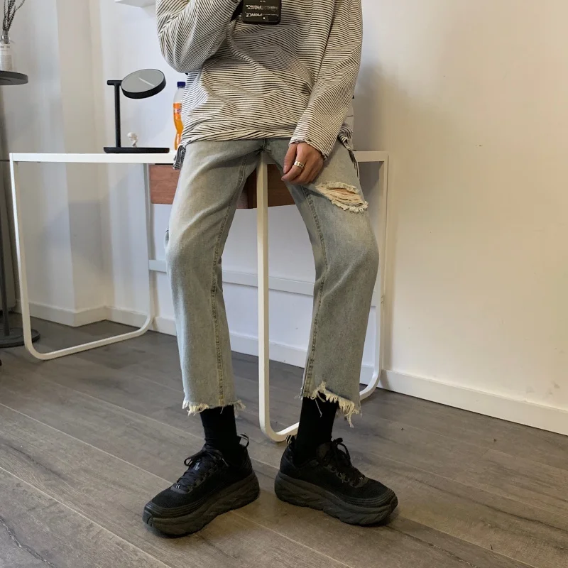 Мужские облегающие эластичные джинсы с дырками повседневные брюки синего цвета