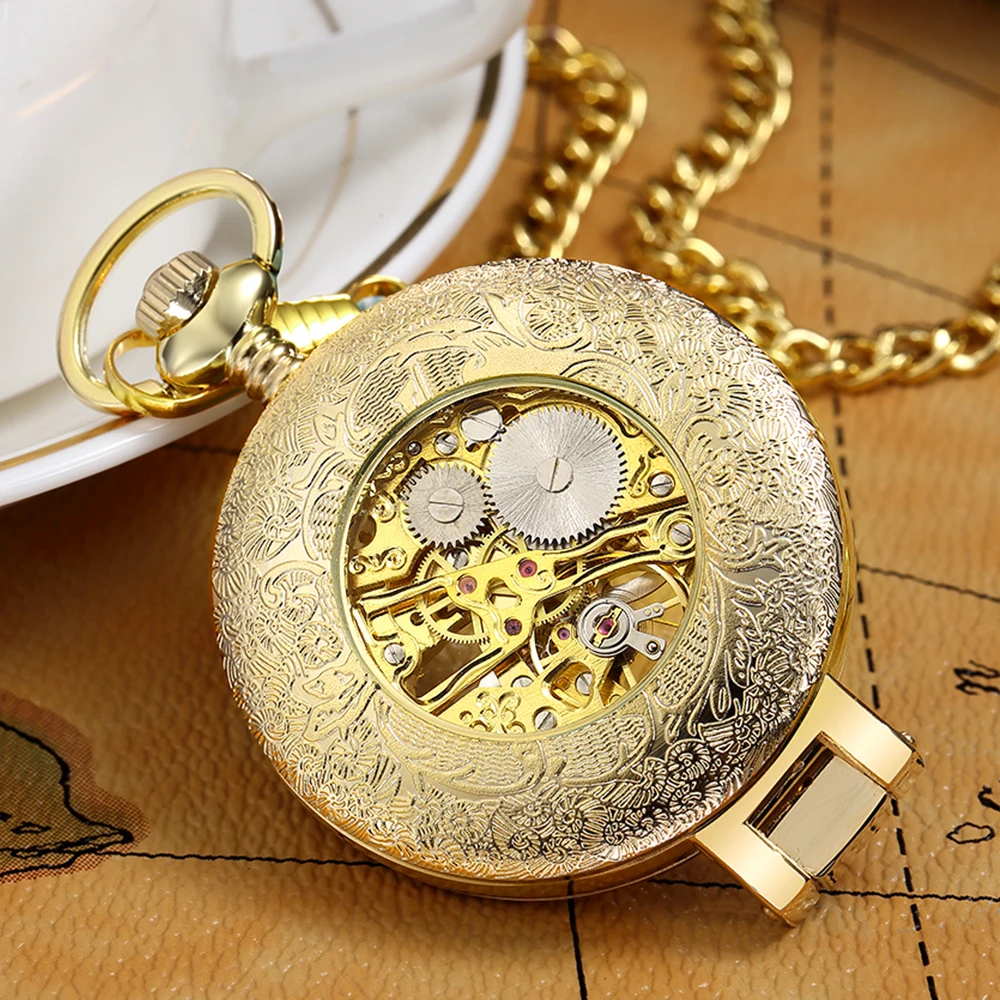 Vintage Table Stand Hollow Mechanical Pocket Watch Hand Winding Golden Men Women Watches with Fob Chain Clock reloj de bolsillo