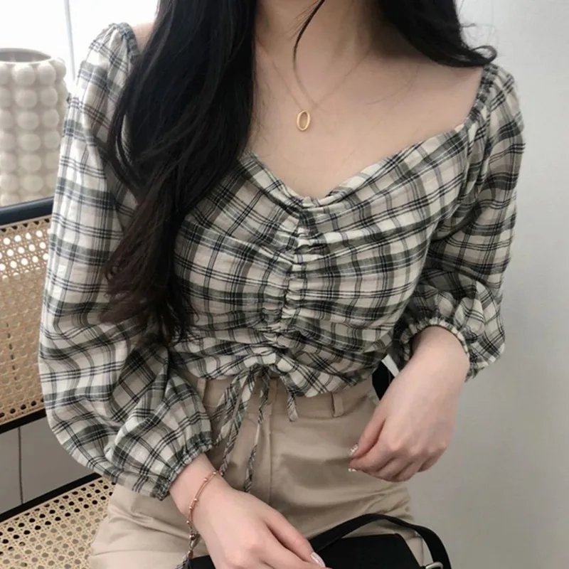 

Fashion New Autumn Harajuku Style V-neck Strapless Drawstring Long Sleeve Short Shirt Blue