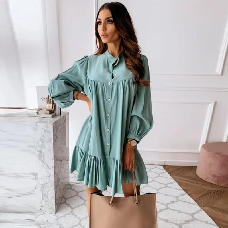 

Women Vintage Ruffled Front Button A-line Dress Long Sleeve Stand Collar Solid Elegant Casual Mini Dress 2021 Autumn New Dress
