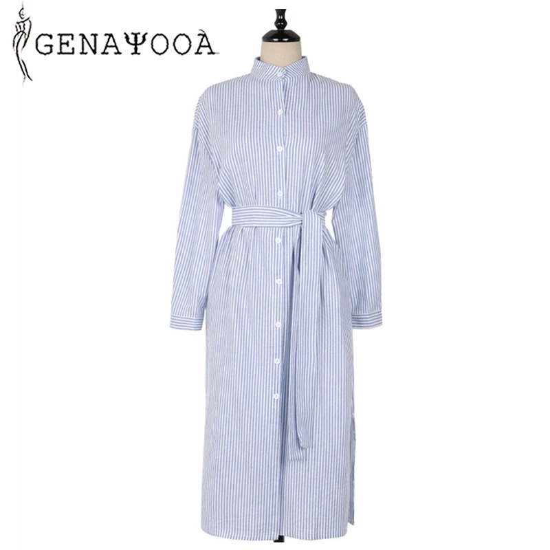 

Genayooa Autumn Sexy V-neck Button Split Women Shirt Dress Cotton Casual Stripes Midi Dresses Elegant Party Dresses Streetwear