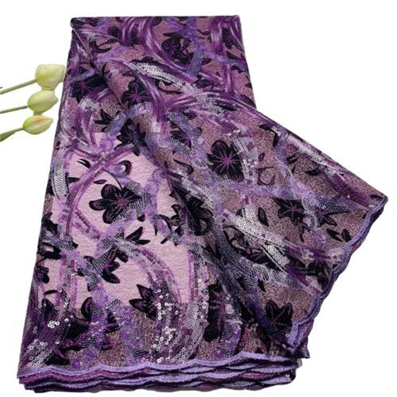 

Африканская бархатная кружевная ткань с блестками 2022 фиолетовая Высококачественная кружевная нигерийская кружевная ткань с вышивкой для ...