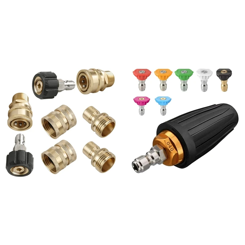 

Pressure Washer Adapter Set,M22 Swivel To 3/8 Inch With Turbo Nozzle, Rotating Nozzle And 7 Tips, 1/4 Inch 4000 PSI