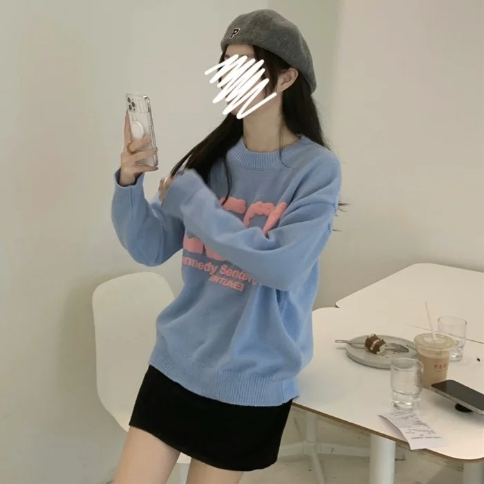 Женский трикотажный пуловер с Вышивкой Букв и длинным рукавом | Женская одежда