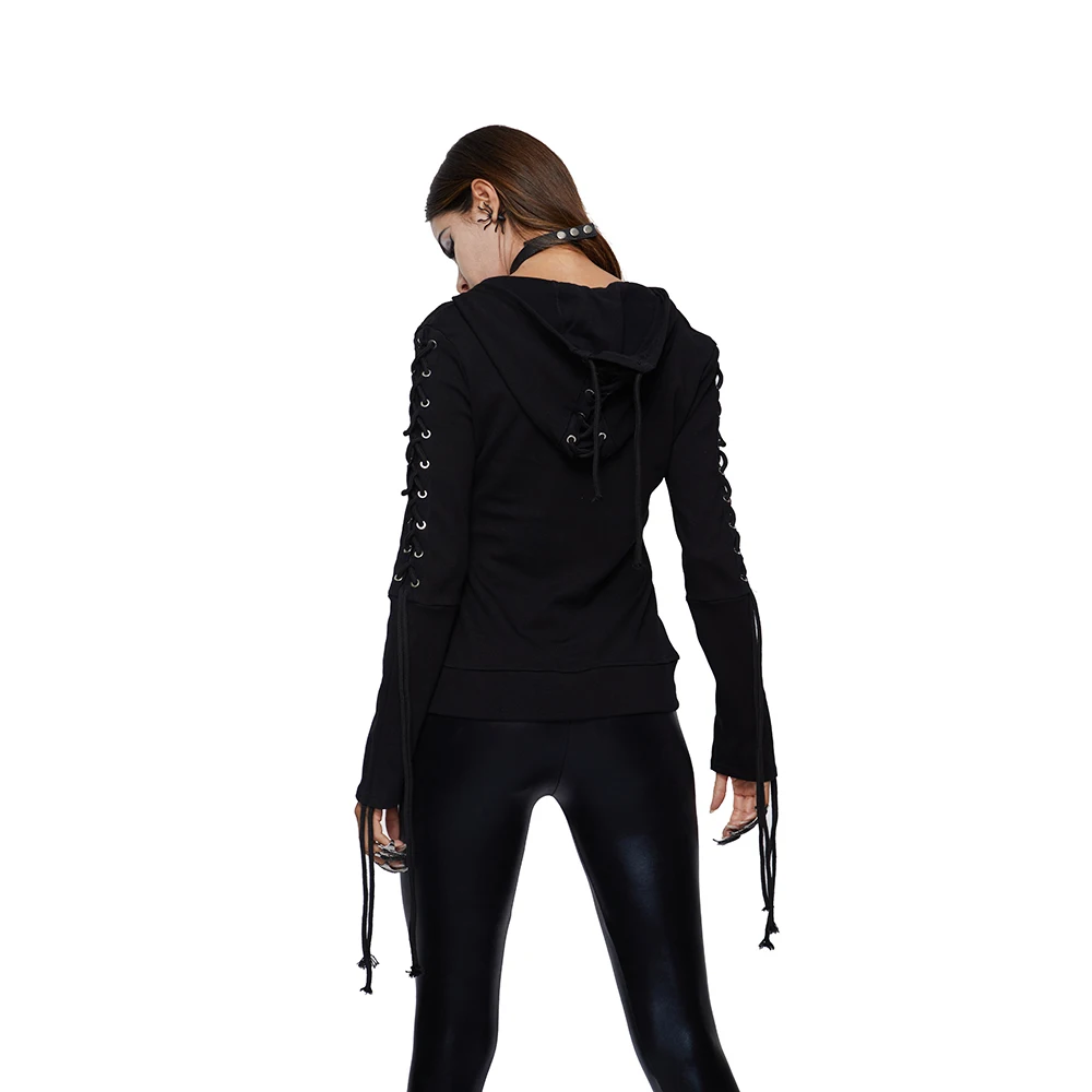 

Hoodies Women 2021 Gothic Punk Lace Up Hooded Long Sleeve Casual Harajuku Darkness Autumn Winter Goth Black Sweatshirt