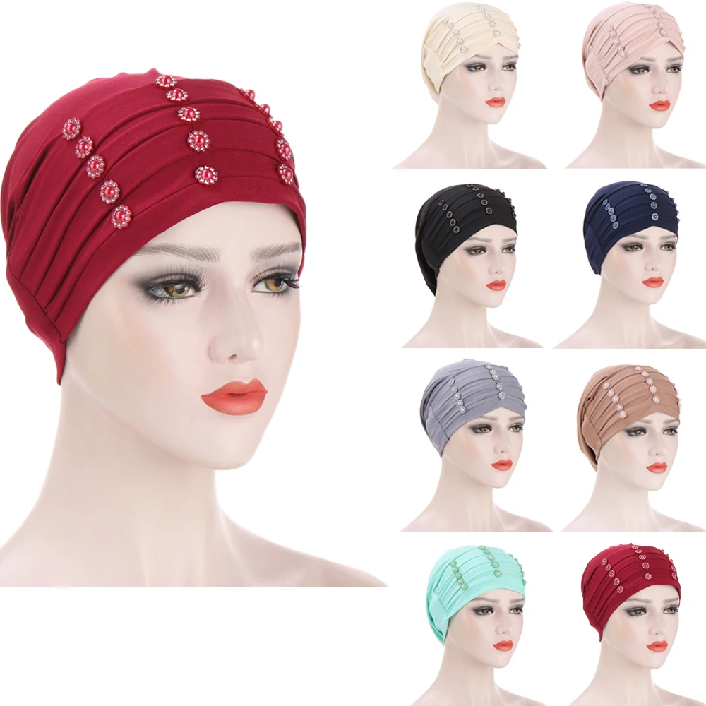 

Muslim Pleated Turban Hat Women Stretch Hair Loss Cover Chemo Cap Islamic Beanie Bonnet Headscarf Head Wrap Solid Color Hat Cap