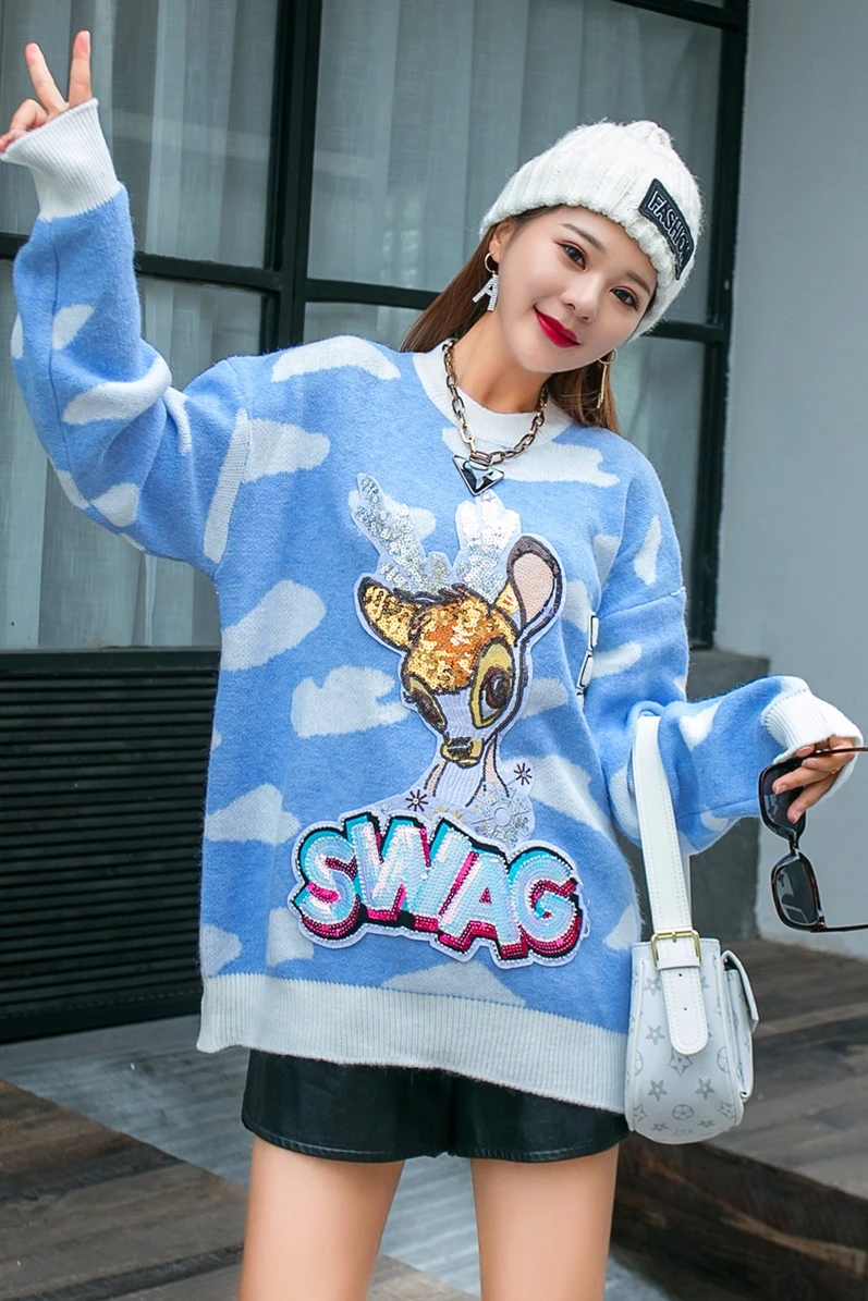 

Ladies Knitted Sweater Europe Station Cartoon Sky Blue Sequins Patches Age-reducing Sweater Women Fashion Outer Wear Pull