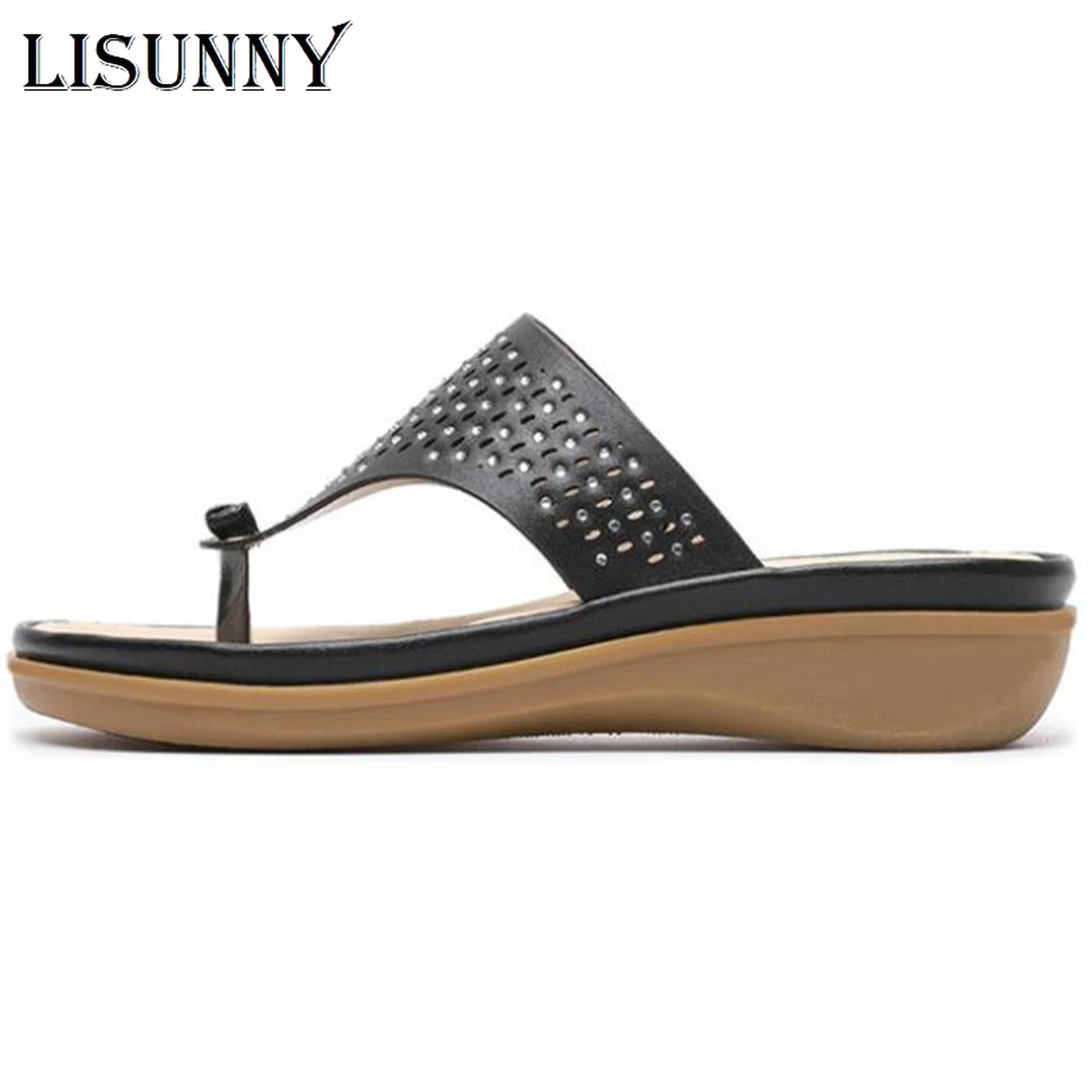 LISUNNY New summer sandals women thongs open toe rhinestones hollow woman beach shoes casual flat ladies stitching slippers | Обувь