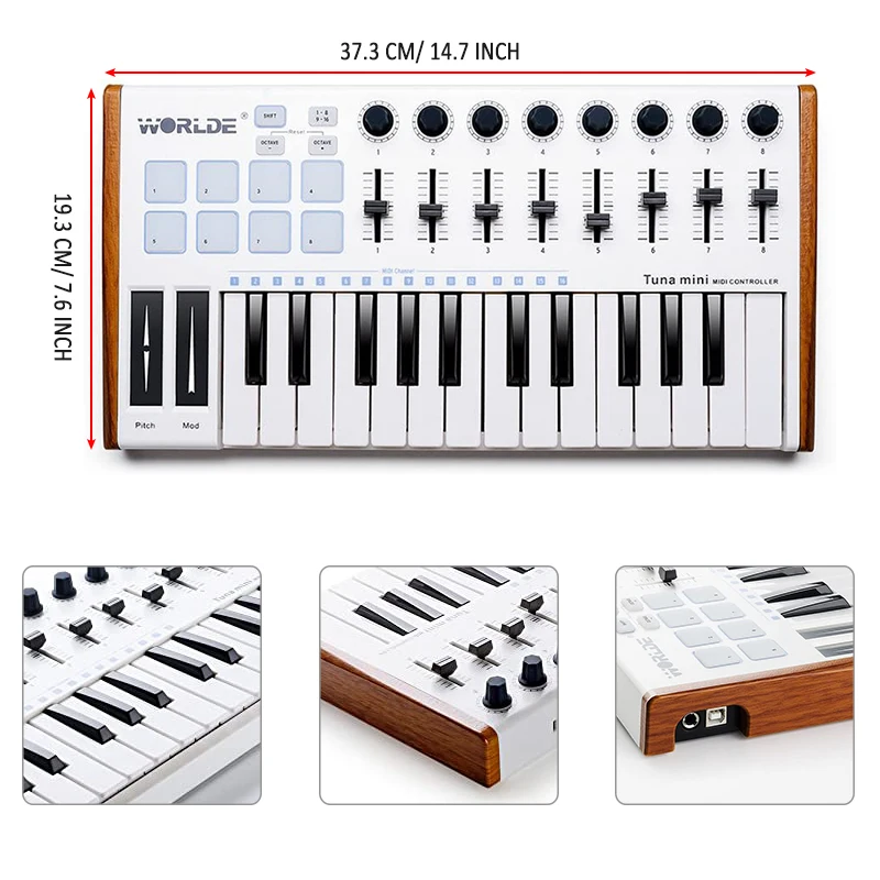 Worlde 25-Key Panda Tuna MIDI Controller Portable USB Keyboard & Drum Pad Music Arranger Keyboard Electronic Sound Controller