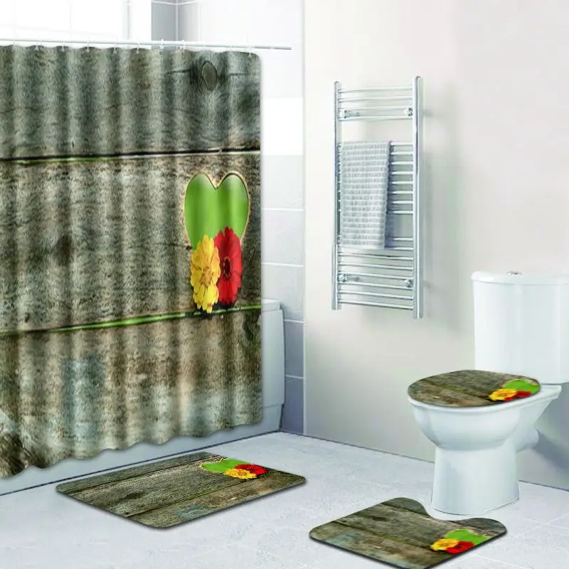 

Valentine's Day Bath Mat Set Anti Slip Carpet Bathroom Curtain Waterproof Shower Curtain Flannel Soft Washable Cover Toilet Seat