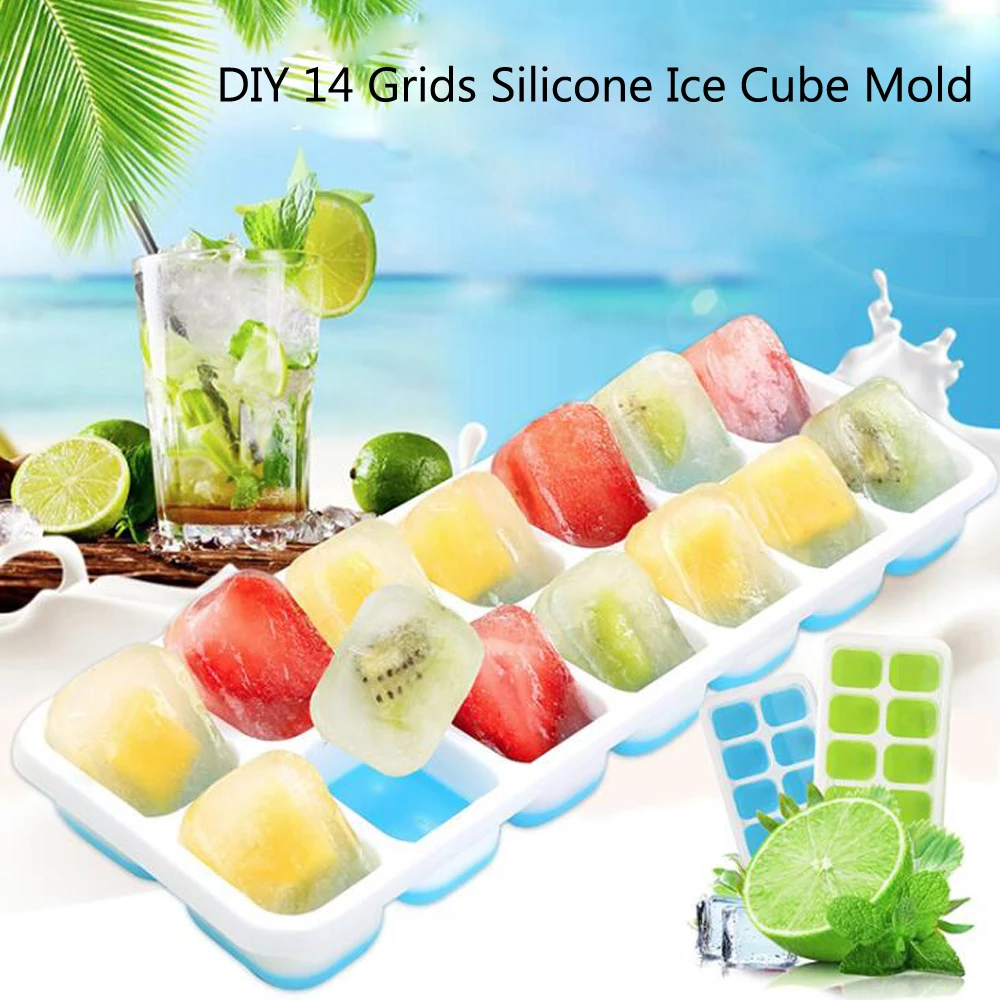 

BPA Free 14 Grids Silicone Ice Cube Mold Easy Release Ice Cream Mold Blue Green Color Ice Tray With Lid For Whiskey Cold Drink