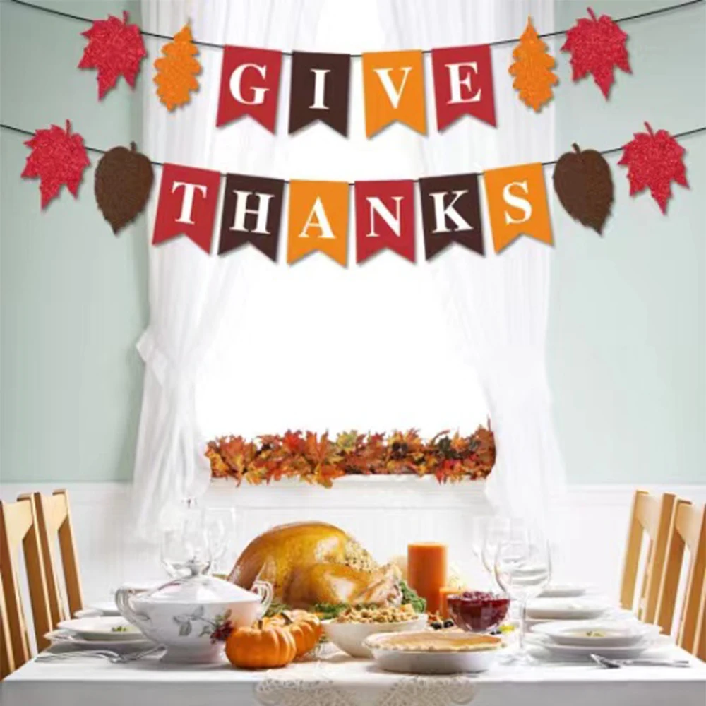 

New Felt Fall Thankful Give Thanks Banner Fall Maple Leaves Garland Banner for Autumn Wedding Birthday Thanksgiving Decorations