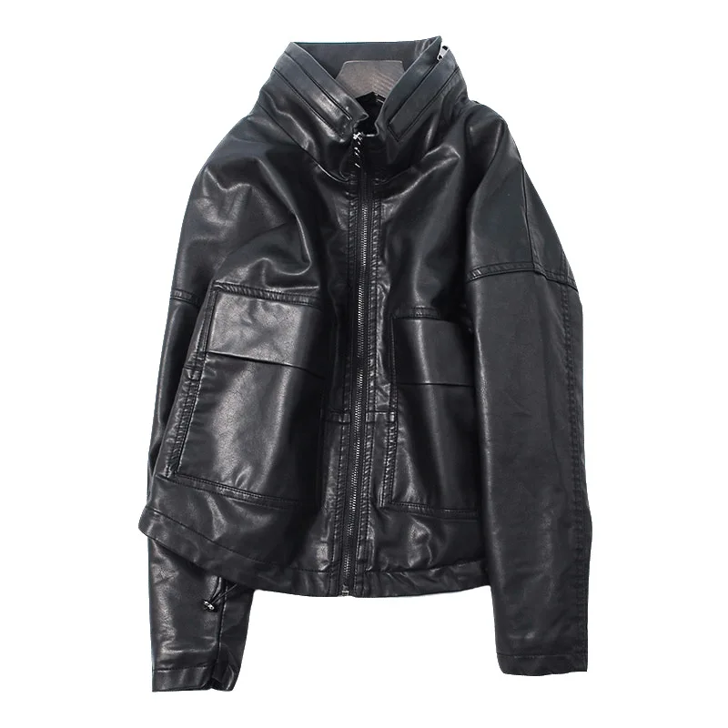 

leather coat Fall 2020 short loose for women large pocket padded stand collar