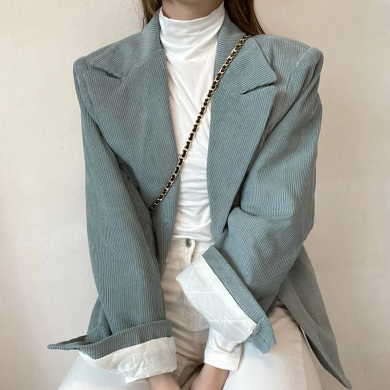 

Korean Chic Autumn Winter Lapel Button Loose Solid Color Casual Long Sleeve Cotton Corduroy Blazer Suits Jackets For Women 2021
