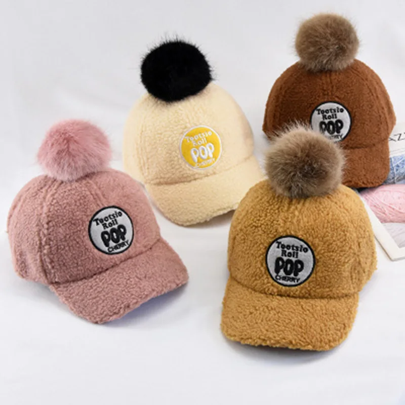 Зимние шапки с меховым помпоном для детей Снэпбэк Кепка бейсболка овечьим