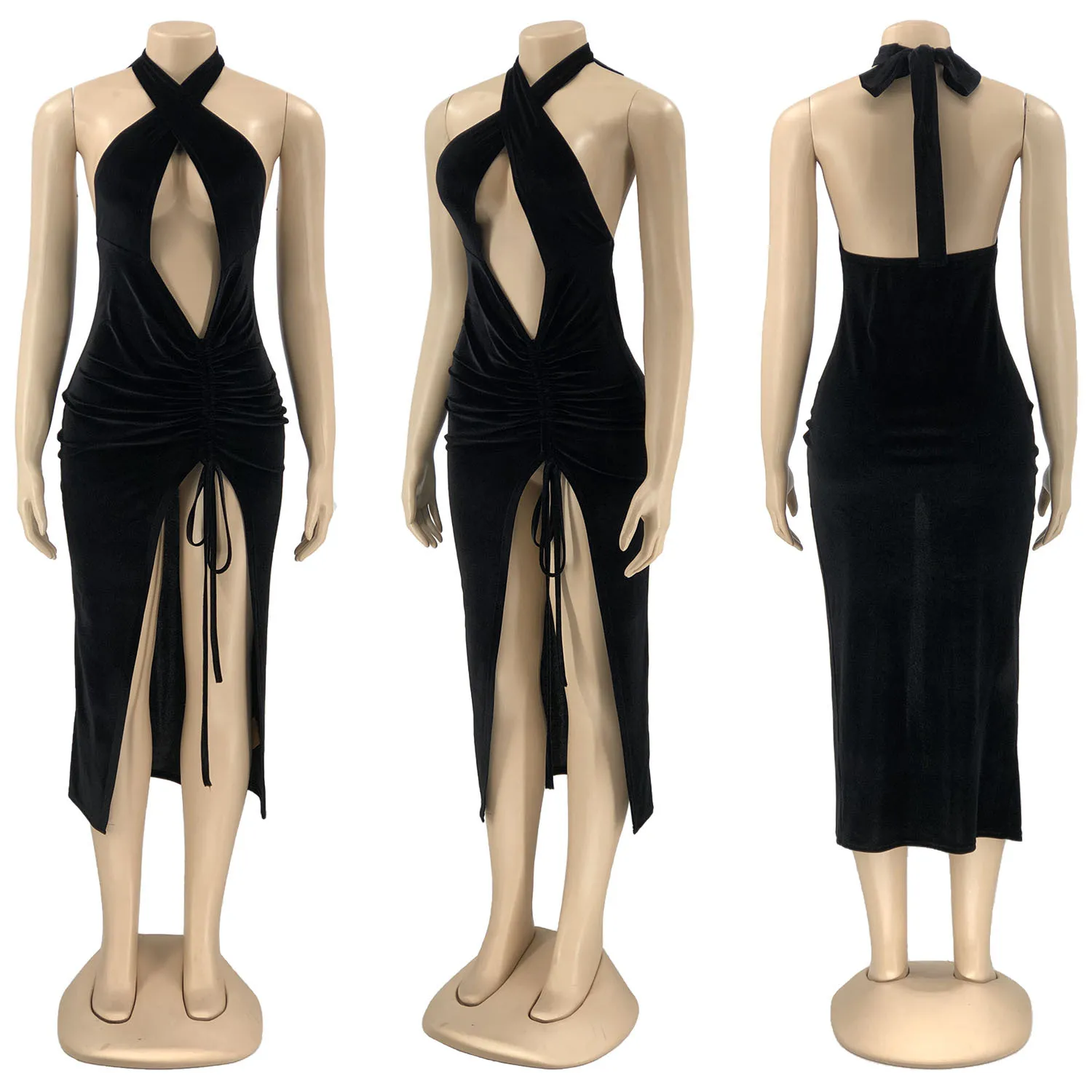 

Sexy Backless Halter Sexy Cut-Out Women Midi Dresses Bodycon Club Party Chic Fashion Sleeveless Black Dress Holiday Clothes