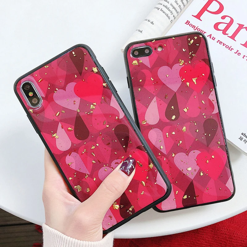 Simple Gold Foil Heart Pattern Red Phone Case for iPhone 6 6s 7 8 Plus X Xs XR Max TPU Soft Back Cover |