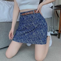 women retro hip high waist a line jean short skirts summer slim elegant chic print letter denim skirt with belt lady streetwear