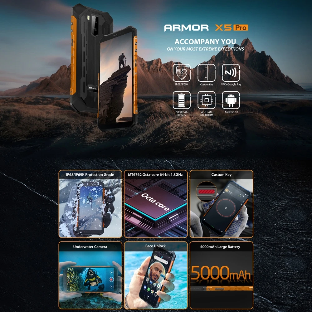 Ulefone Armor X5 Pro Rugged Waterproof Smartphone 4GB+64GB Octa Core Android 10.0 Cell Phone NFC 4G LTE Mobile 5000mAh | Мобильные