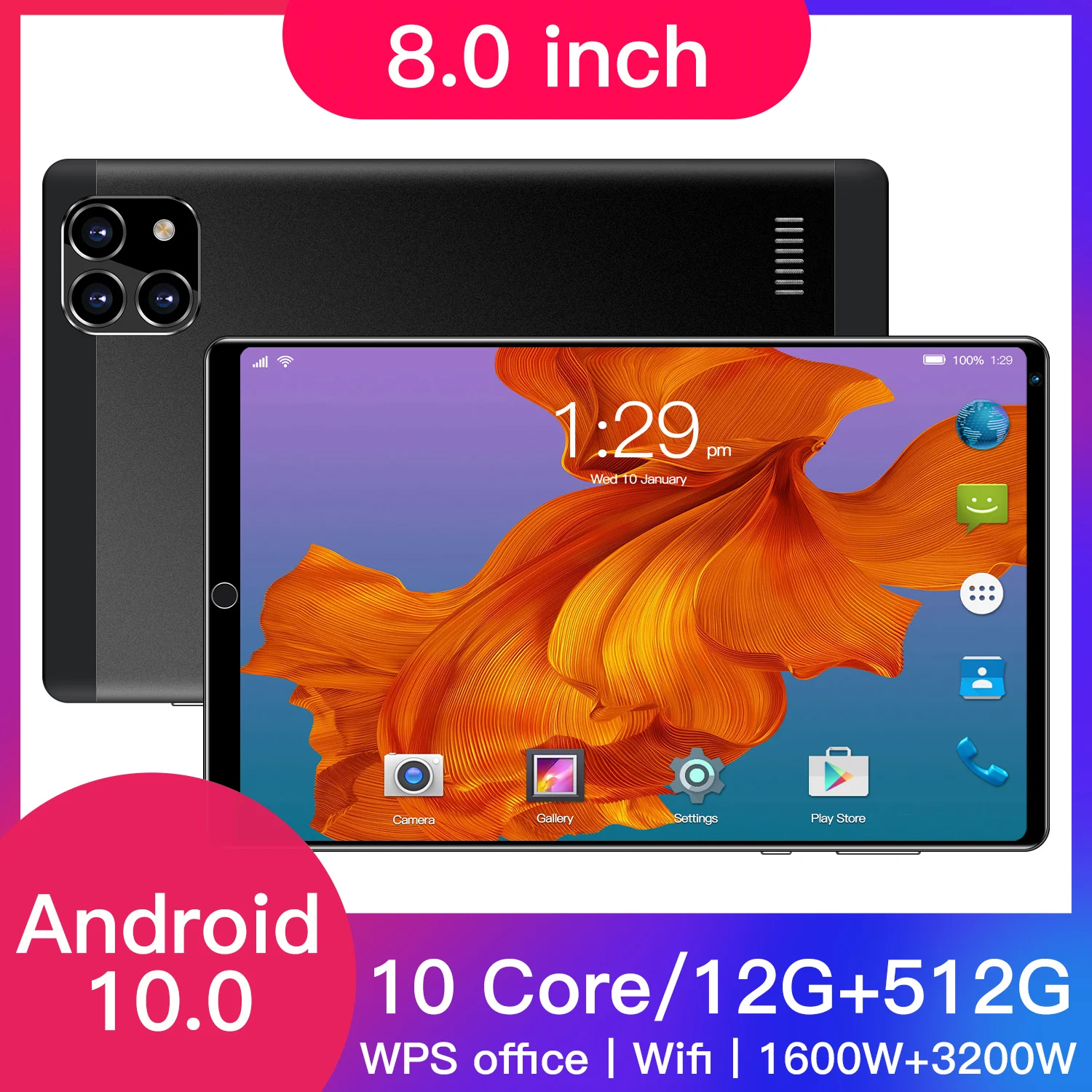 

8.0 inch A08 Tablet 12GB RAM 512GB ROM Android 10 HD Screen 10 Core 16MP+32MP 5600mAh GPS WiFi Global Version Phone Tablet