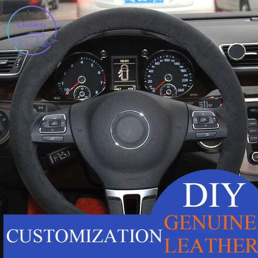 

For Volkswagen VW Golf Tiguan Passat B7 MK6 Black Suede Car Steering Wheel Cover Anti-slip fit all season