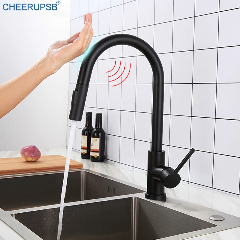 Матовый черный кухонный смеситель с сенсорным датчиком выдвижной кран для