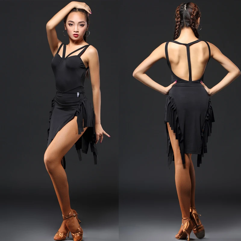 Женское платье для латиноамериканских танцев черное с открытой спиной и