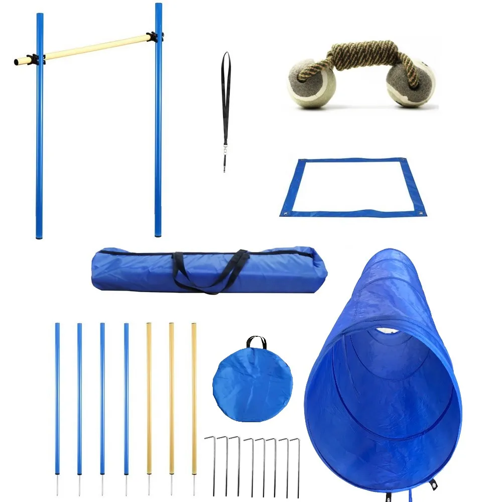 Conjunto de equipo de entrenamiento de agilidad para perros, Kit de entrenamiento de obst&aacute;culos, varillas de agilidad para perros, tren de salto, silbato, t&uacute;nel, bolsa de transporte-0