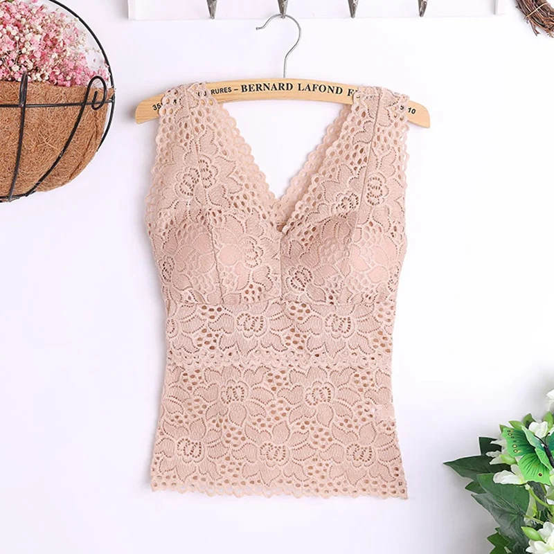

Sexy Push Up Underwear Ladies Lace Flower Embroidery Lingerie Chest Pad V-Neck Sleeveless Solid Color Vest