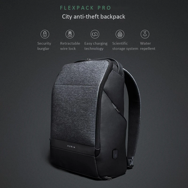 KORIN Design Flexpack Anti-Theft Backpack Men's Travel Bag USB Rechargeable Laptop Backpack 15.6-Inch Youth School Bag