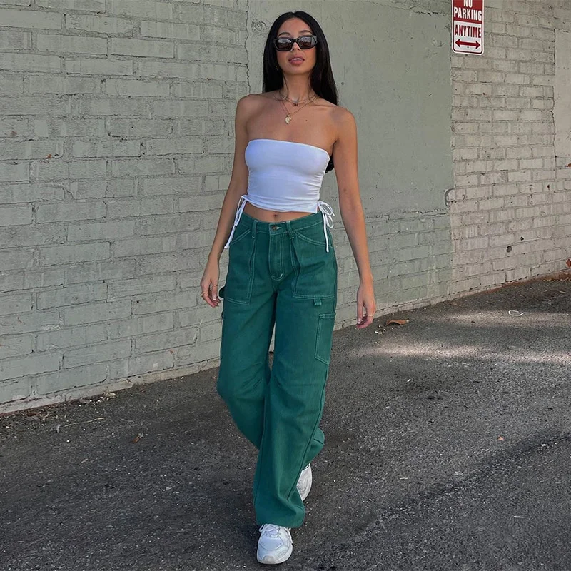 

Streetwear Fashion Jeans Women's Autumn 2021 New High Waist Green Pocket Loose Straight Denim Cargo Pants Female Tide