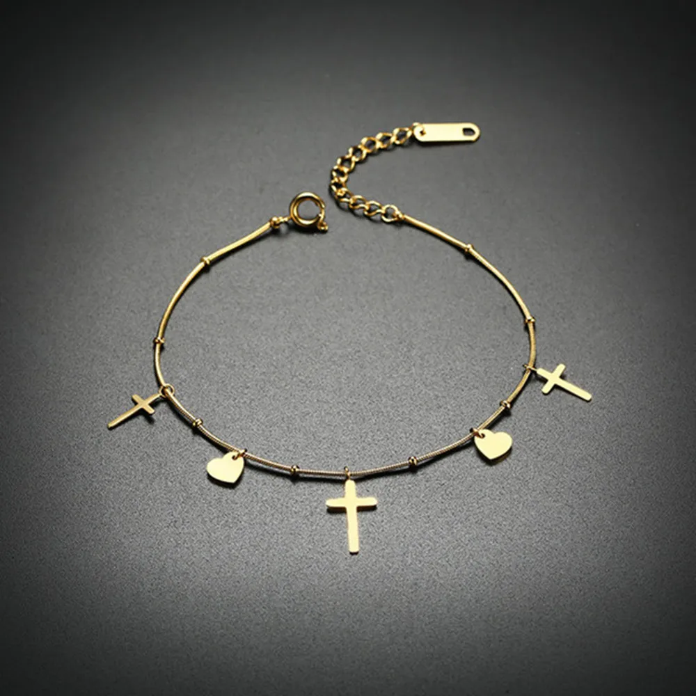 Золотой цвет из нержавеющей стали крест и сердце цепи браслеты для женщин
