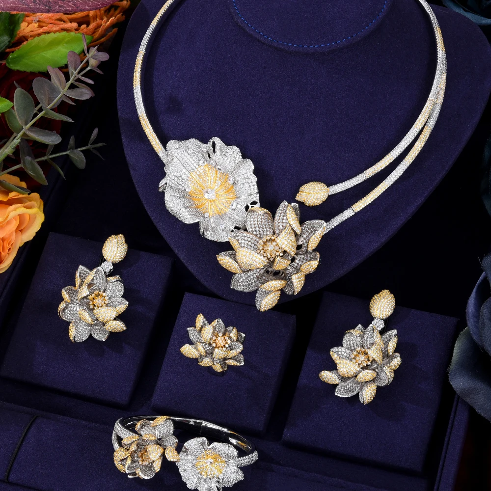 

KellyBola Luxury Bridal Wedding Noble Flowers Necklace Bracelet Earrings Ring Sets Women Party Show Jewelry Mother Lover Gift