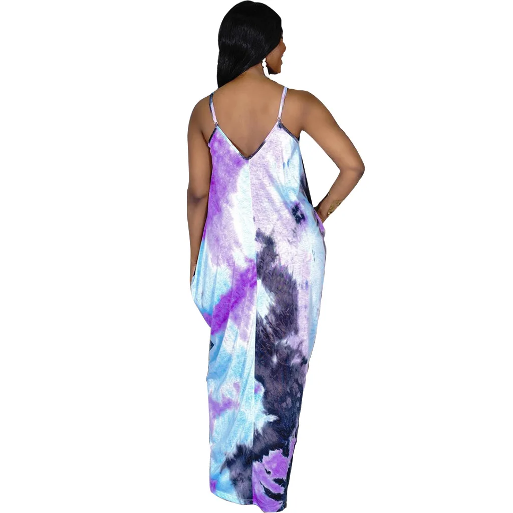 

Summer Casual Loose Sleeveless V-neck Dresses Sexy Double V-neck Sling Dresses Women Loose Waist Tie Dye Pocket Maxi Long Dress