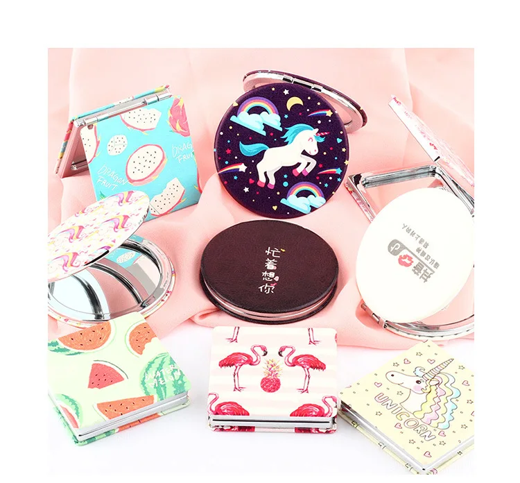 PU Folding Small Mirror Portable Makeup Pocket Mirror Round Mirror