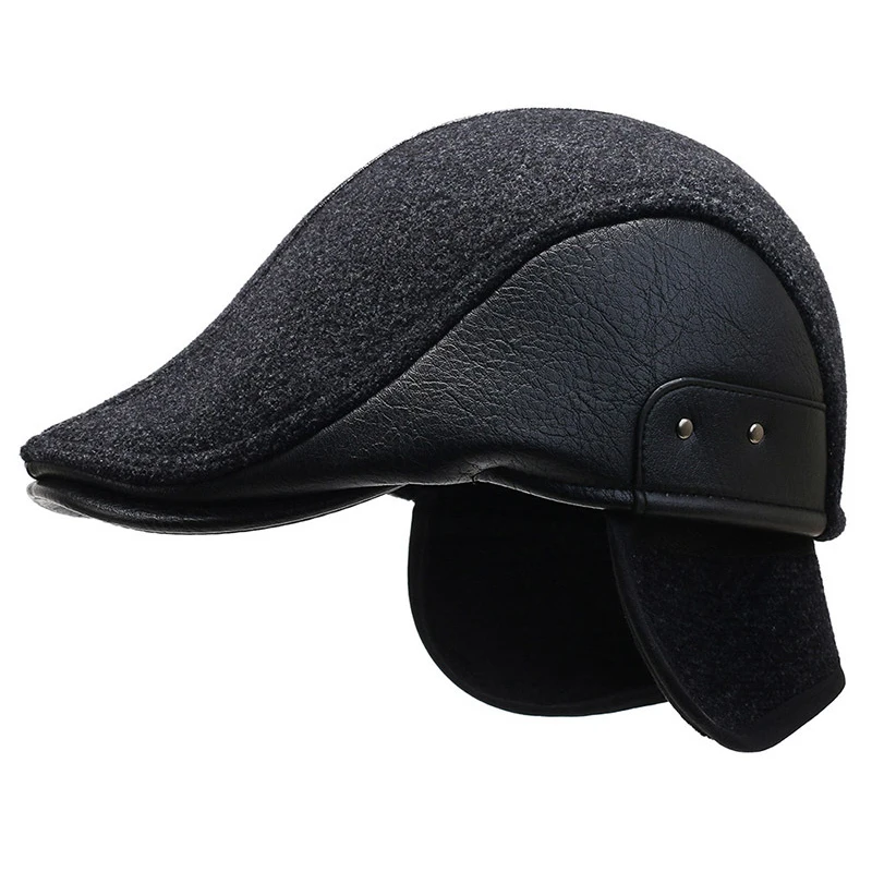 

HT3920 Beret Cap Men Warm Wool Beret Hat Retro Earflap Cap Male Winter Hat Elder Man Ivy Newsboy Flat Cap Dad Hat with Ear Flaps