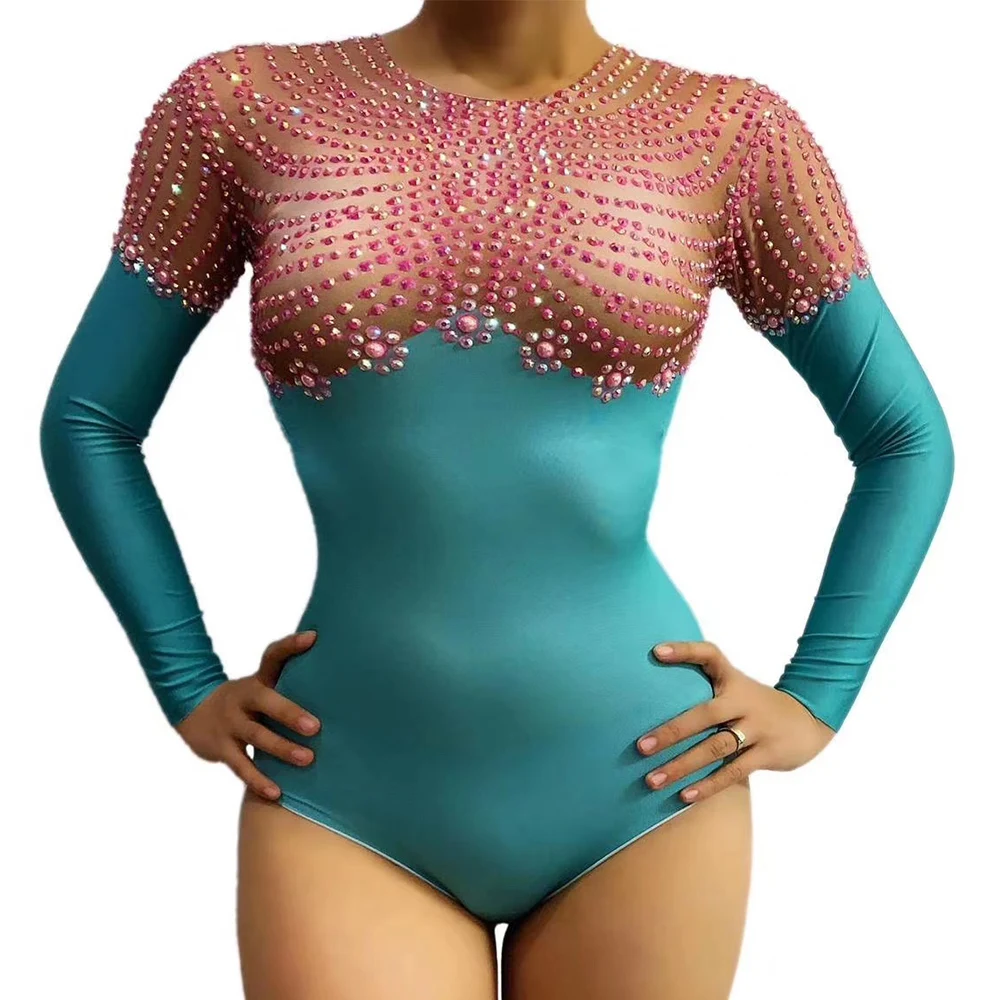 Блестящие розовые стразы Зеленые Боди с длинным рукавом для вечерние