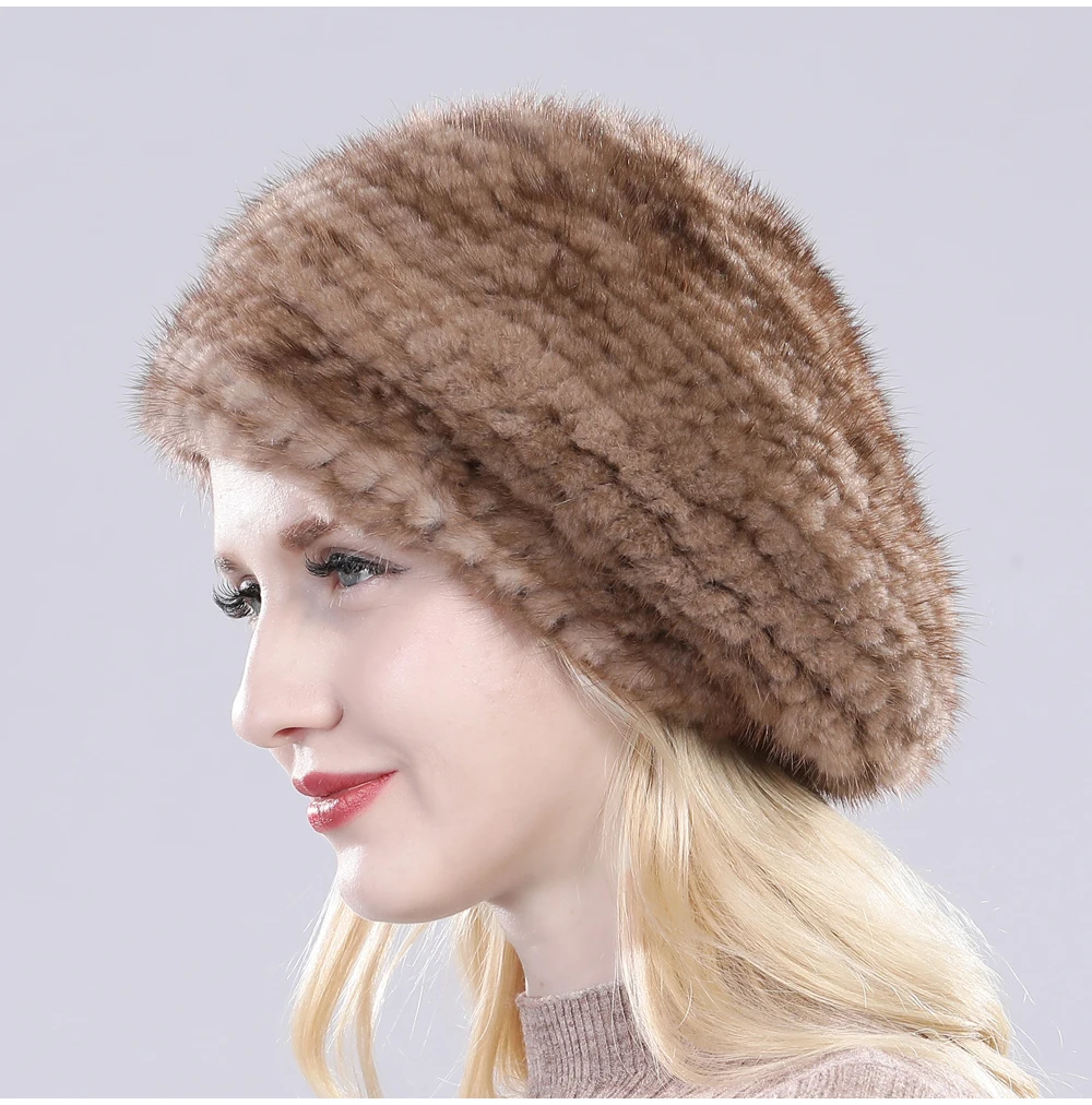 Hot Sale Russia Women Winter Real Mink Fur Berets Hat Hand Knitted Real Natural Mink Fur Cap Lady Luxury Real Mink Fur Hats