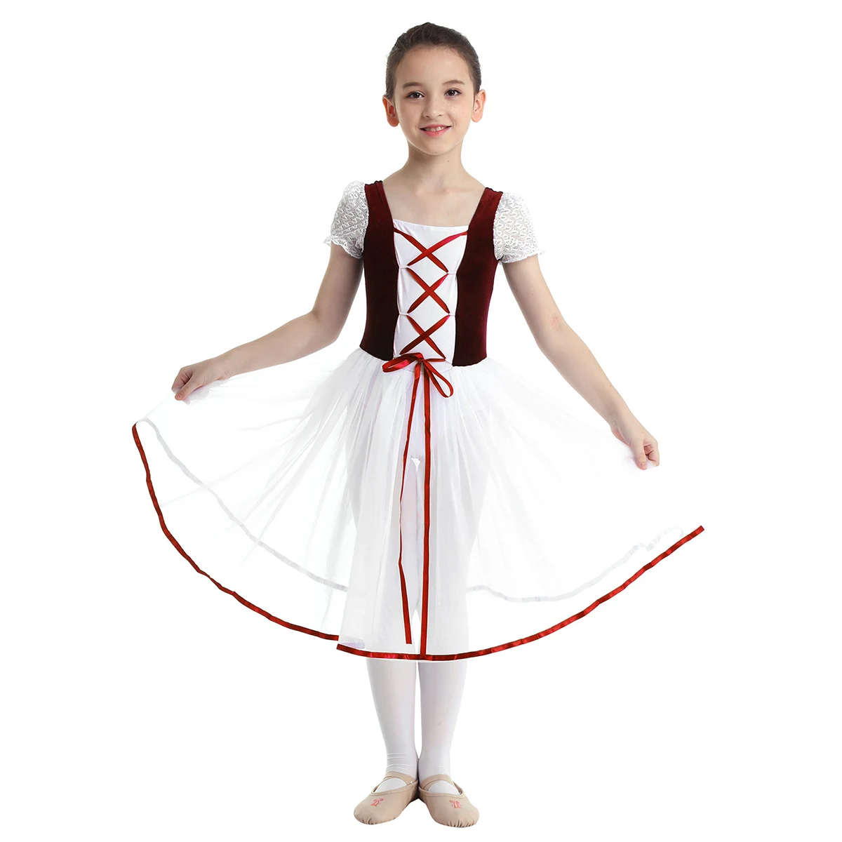 

Gymnastics Leotard Ballerina Tutu Dress for Toddler Teen Kids Girls Mesh Lacework Short Bubble Sleeves Ballet Stage Dancewear