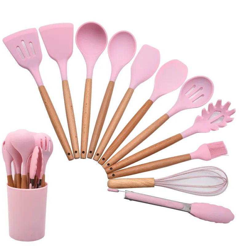 

Silicone Kitchenware Cooking Utensils Set Non stick Cookware Spatula Shovel Egg Beaters Wooden Handle Kitchen Cooking Tool