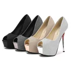 Женские туфли-лодочки с пайетками, тканевые туфли с открытым носком, без застежек, на тонком каблуке 14 см, водонепроницаемые офисные туфли на платформе и высоком каблуке, Лидер продаж 2022