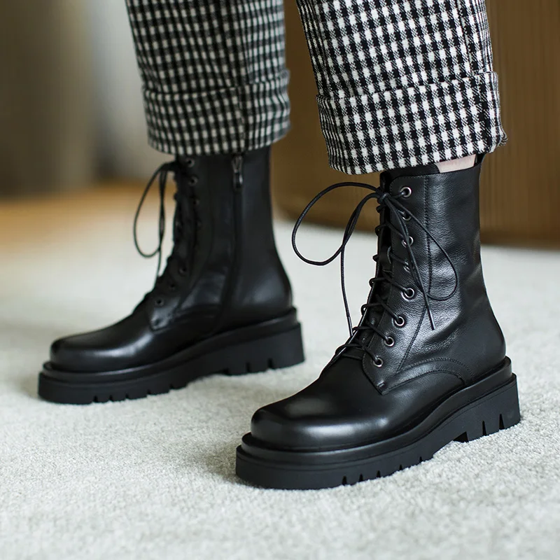 Murah Sepatu Bot Martin Kulit Sapi Asli Sepatu Bot Tunggal Ujung Bundar Gaya Inggris Musim Gugur 2020 Bawah Tebal Wanita