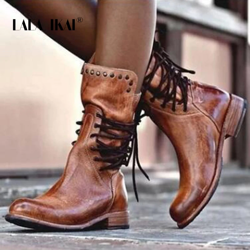 

LALA IKAI 2020 Women Boots Autumn Winter The New Round Toe Lace-up Flat Heel Ladies shoes Motorcycle Party Shoes XWA10498-4