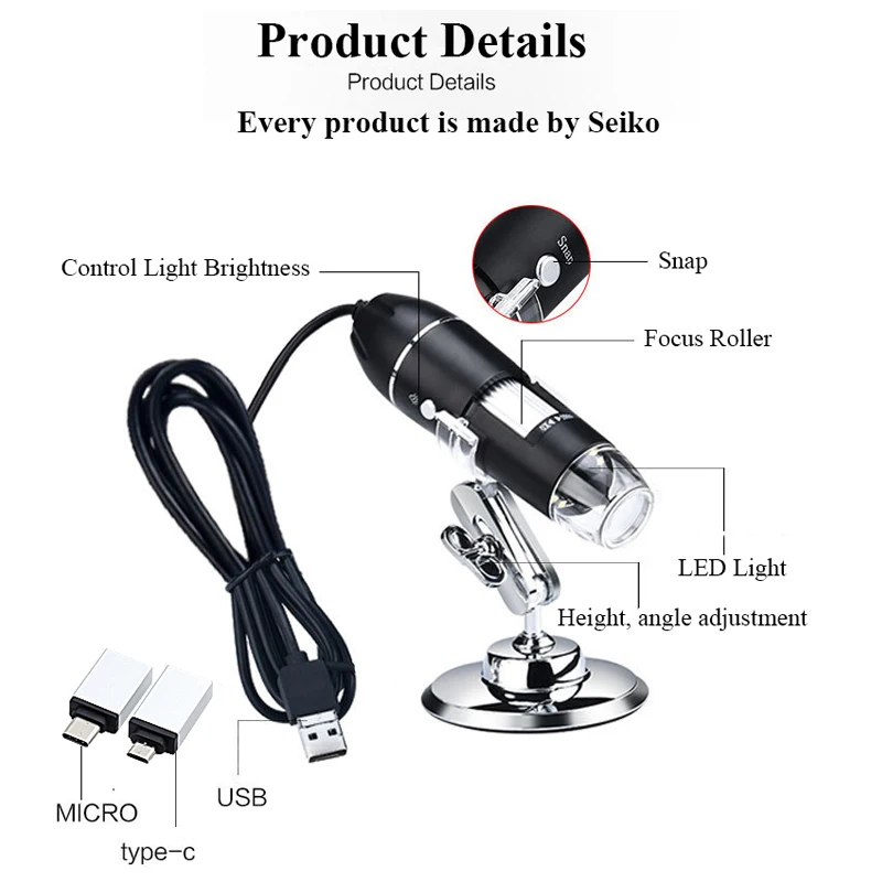 USB микроскоп 500x 1000x 1600x совместим с USB/Type C/Micro Биологический 8 светодиодный цифровой