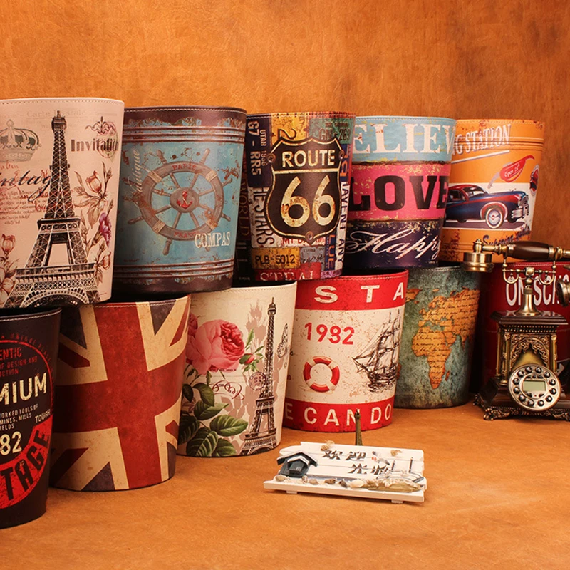 

27cm Retro Wastepaper Basket Creative PU Leather Bar Rubbish Bin Trash Can Gargabe Wast Paper Vintage Basket Without Lid