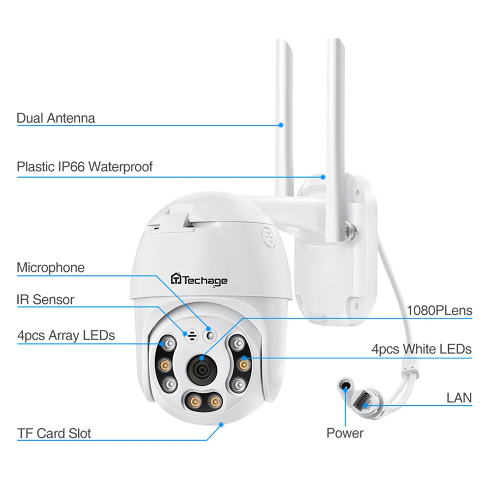 Беспроводная PTZ камера Techage 1080P двухстороннее аудио умная IP с датчиком