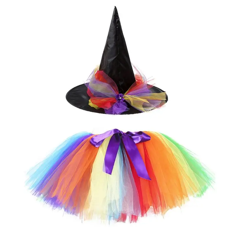 Юбка пачка на Хеллоуин для родителей и детей девочек с шляпой ведьмы радужной